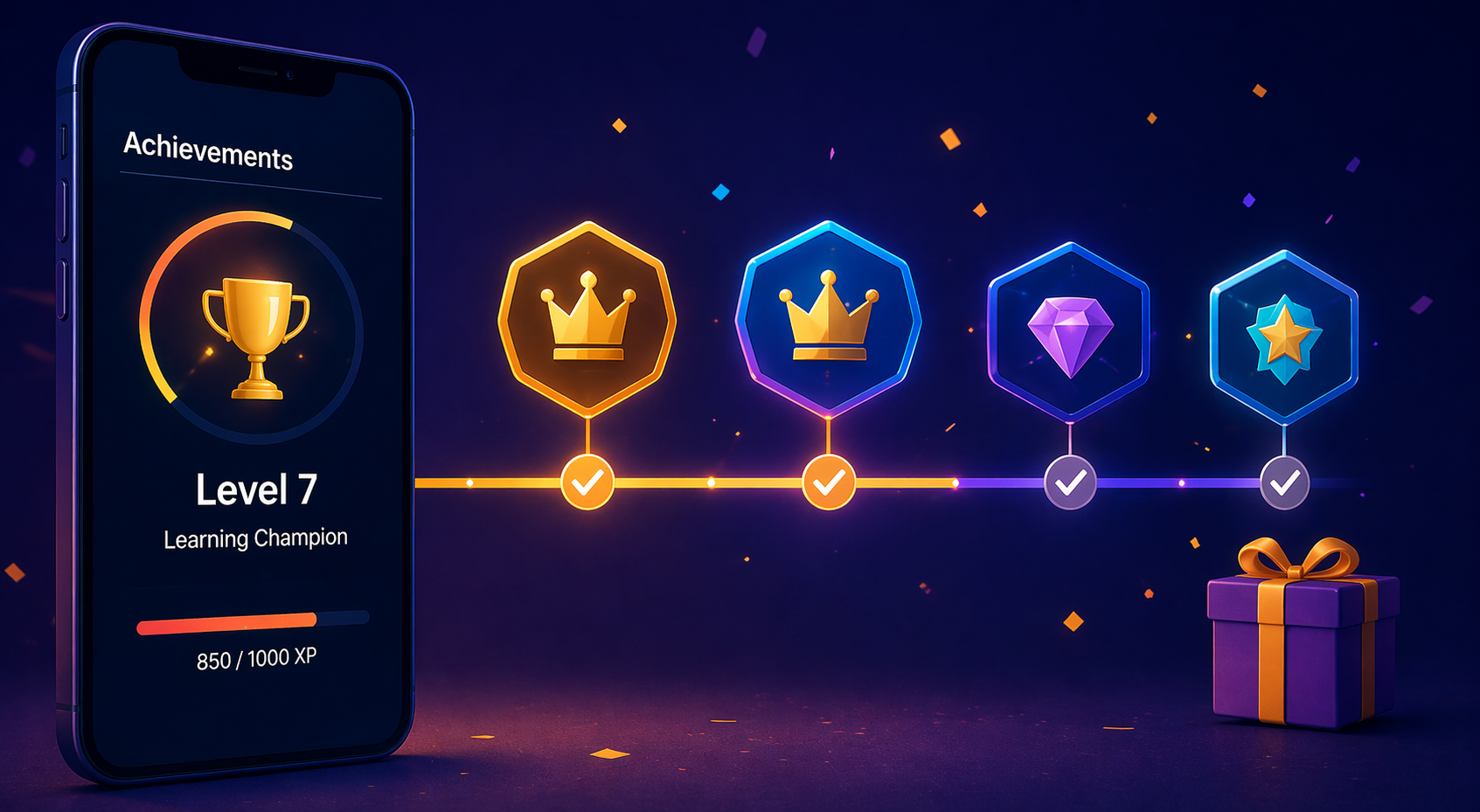 Rewards dashboard with digital badges, milestones, and learner progress visuals